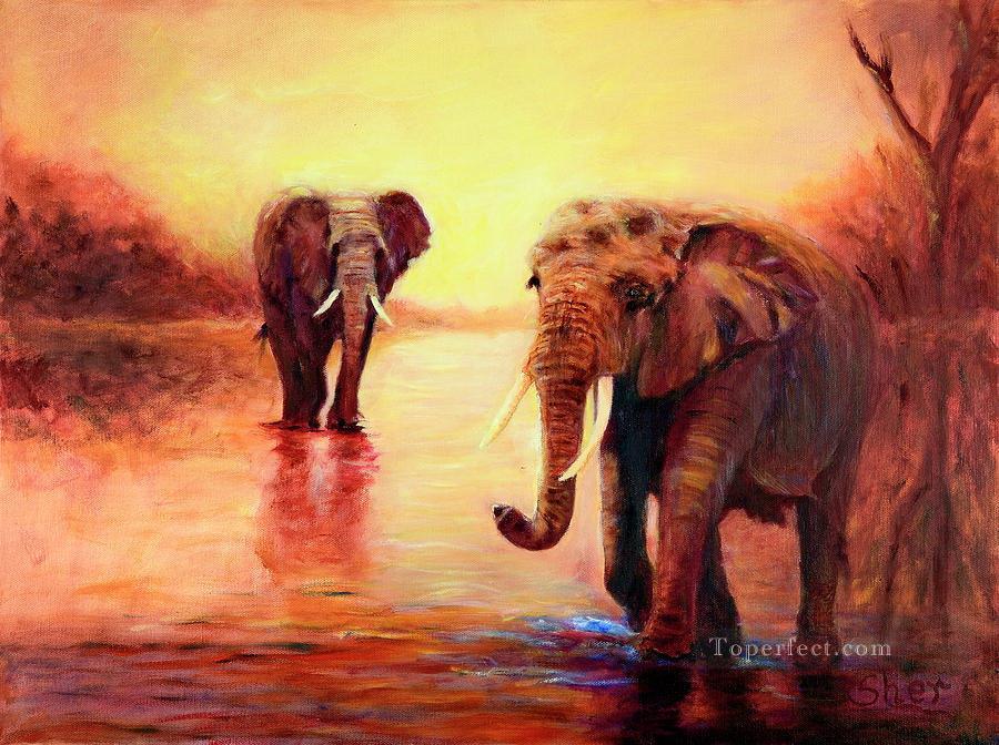 afrikanische Elefanten bei Sonnenuntergang in der Serengeti sher Nassers Ölgemälde